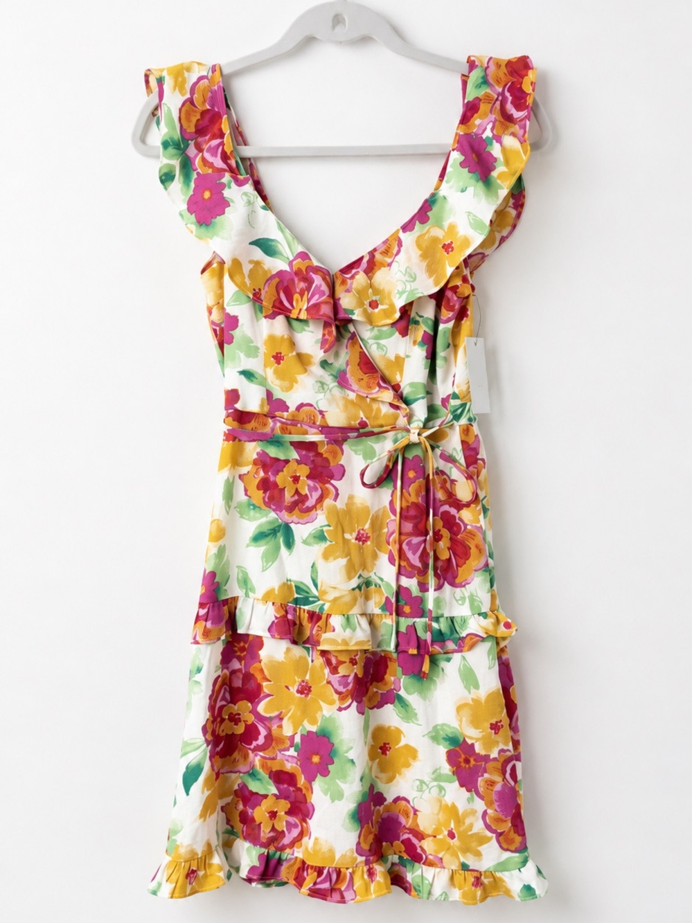 BCX Juniors Floral Bubble Crepe Ruffle Fit & Flare Dress Tie Waist XS